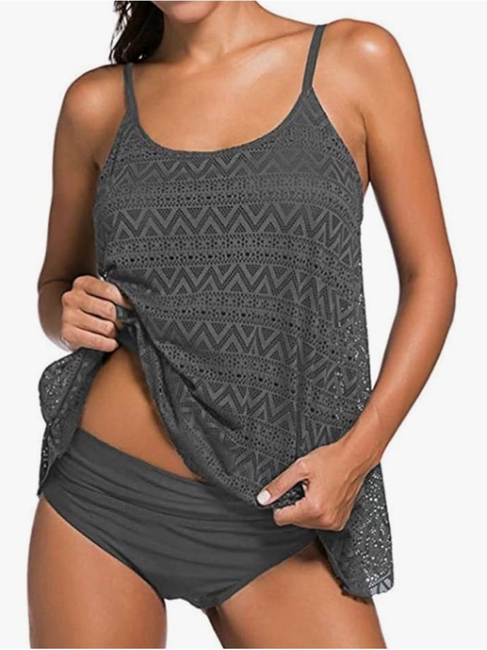 Gray Crochet Tankini Swim Top Boho Plus size Swimwear Grey